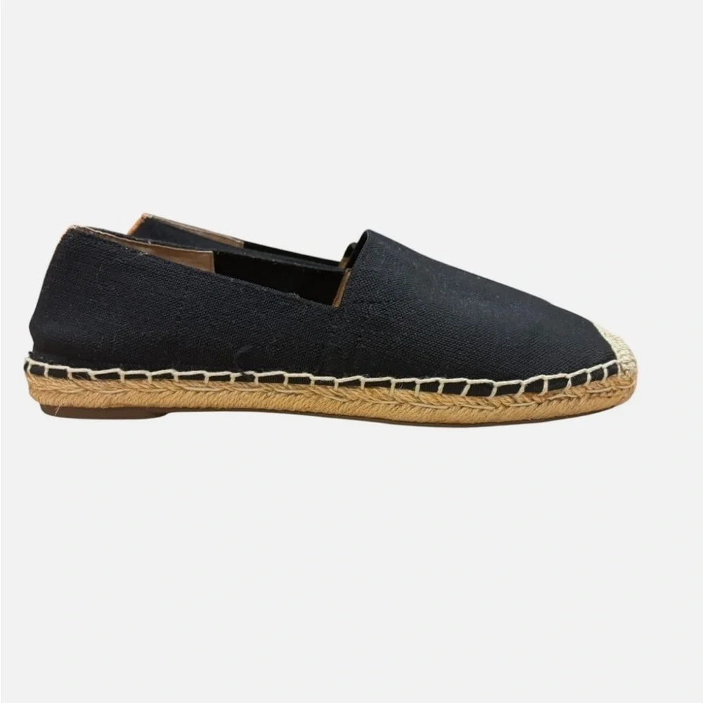 Vionic Valeri Slip On Shoes 7 Black Tan Canvas Espadrilles Flat Loafers